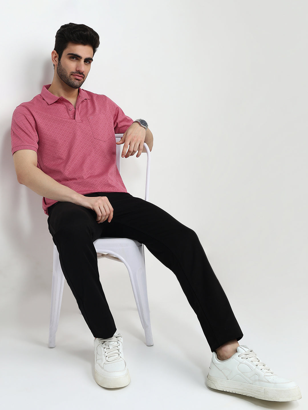 Raymond Men Red Jacquard Regular Fit Cotton Half Sleeve T-Shirt