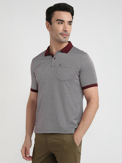 Raymond Men Maroon Jacquard Regular Fit Cotton Half Sleeve T-Shirt