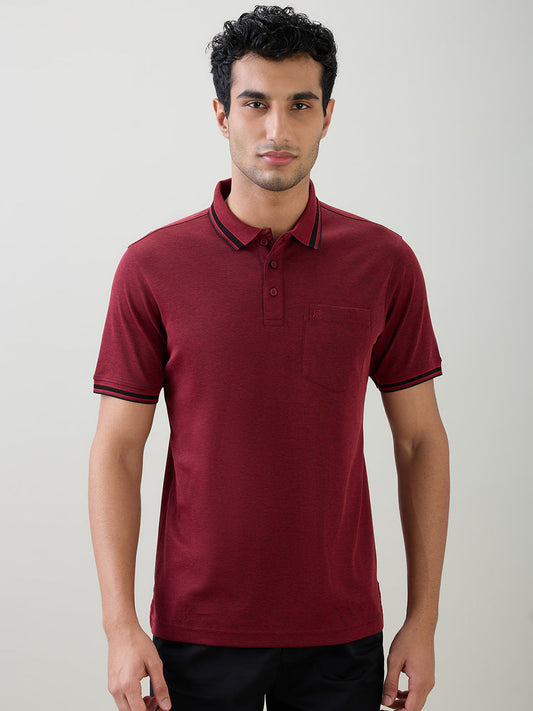 Raymond Men Maroon Two Tone Regular Fit Polyester Blend Half Sleeve T-Shirt