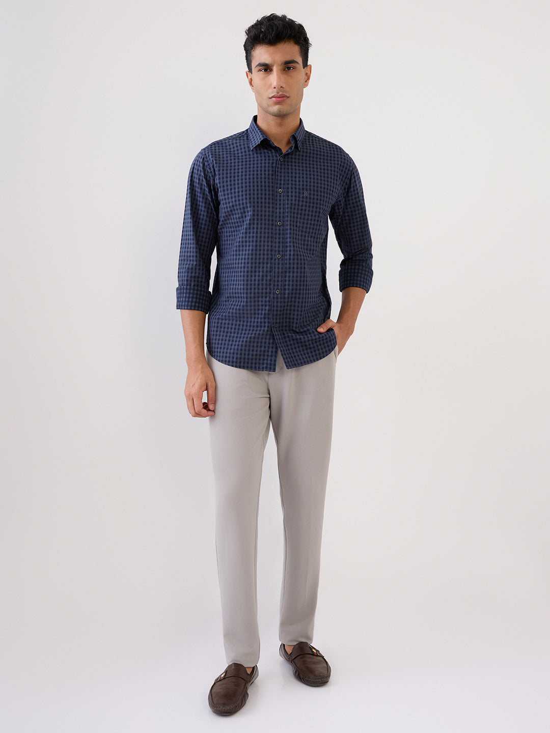 Raymond Men Grey Checks Regular Fit Cotton Full Sleeve Casual Shirt