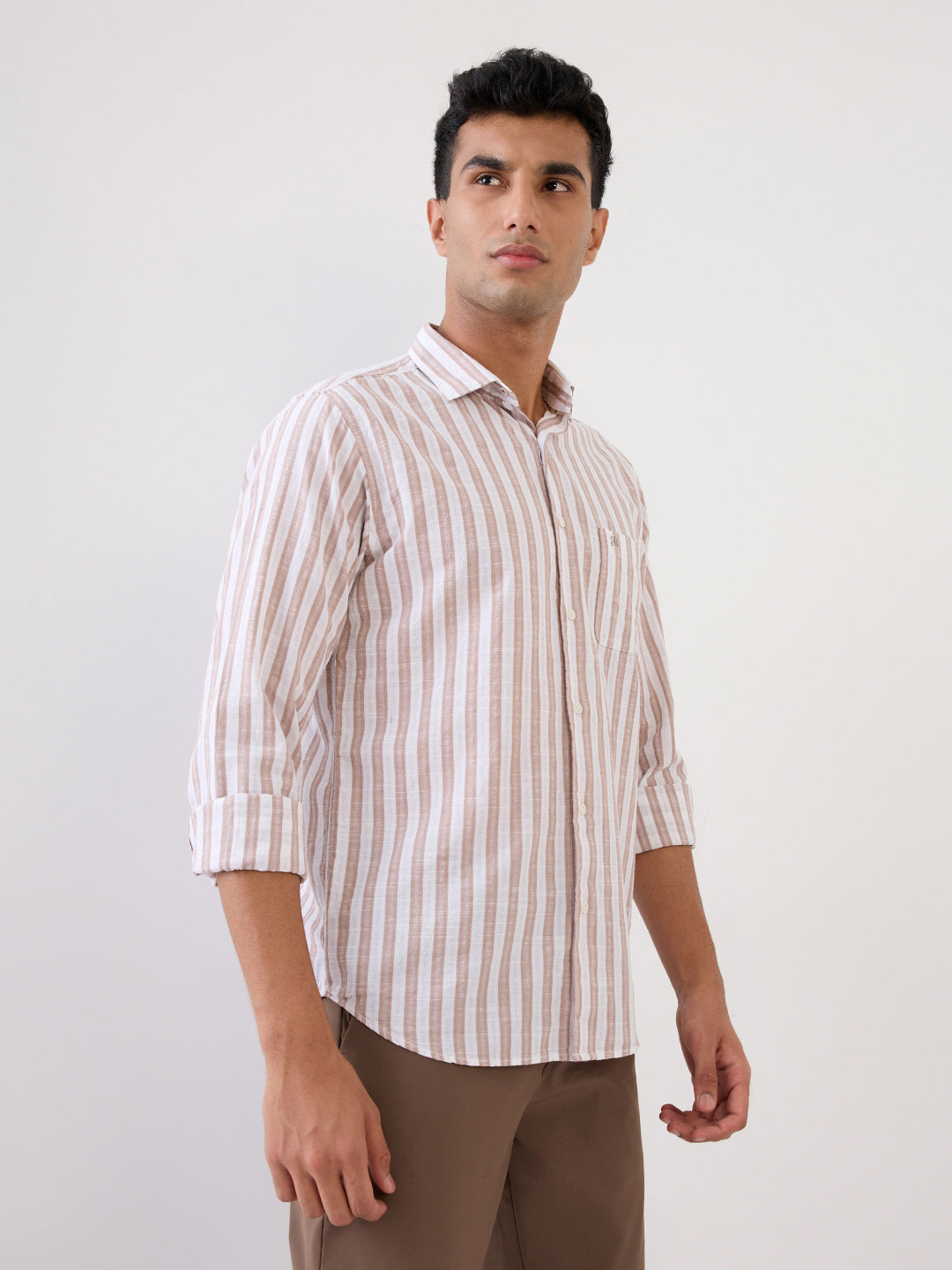 Raymond Men Brown Stripe Regular Fit Cotton Full Sleeve Casual Shirt