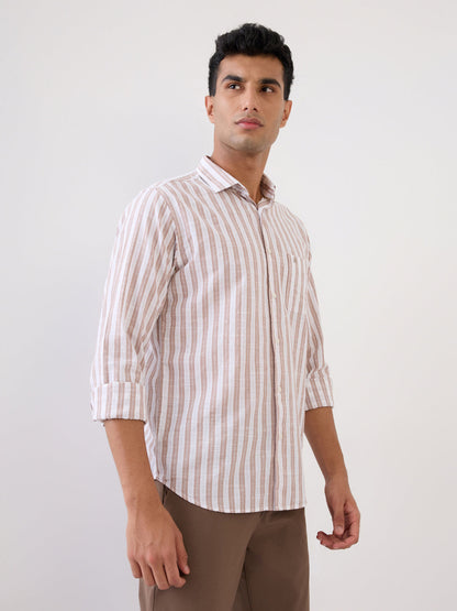 Raymond Men Brown Stripe Regular Fit Cotton Full Sleeve Casual Shirt