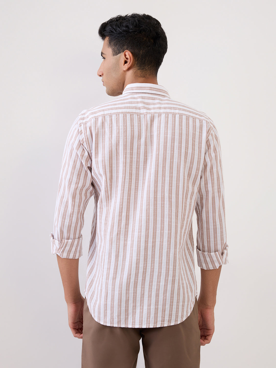 Raymond Men Brown Stripe Regular Fit Cotton Full Sleeve Casual Shirt