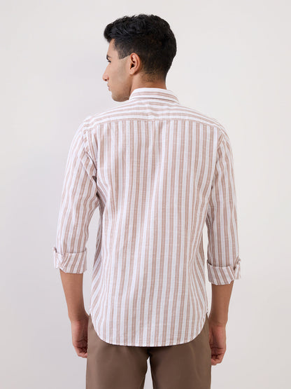 Raymond Men Brown Stripe Regular Fit Cotton Full Sleeve Casual Shirt