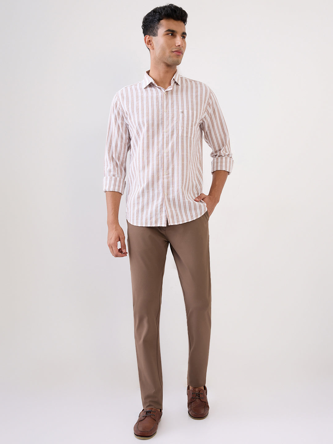 Raymond Men Brown Stripe Regular Fit Cotton Full Sleeve Casual Shirt