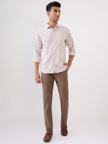 Raymond Men Brown Stripe Regular Fit Cotton Full Sleeve Casual Shirt