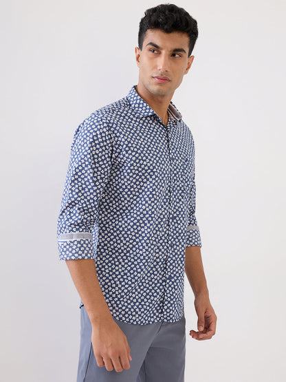 Raymond Men Blue Printed Regular Fit Linen Blend Full Sleeve Casual Shirt