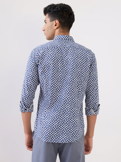 Raymond Men Blue Printed Regular Fit Linen Blend Full Sleeve Casual Shirt