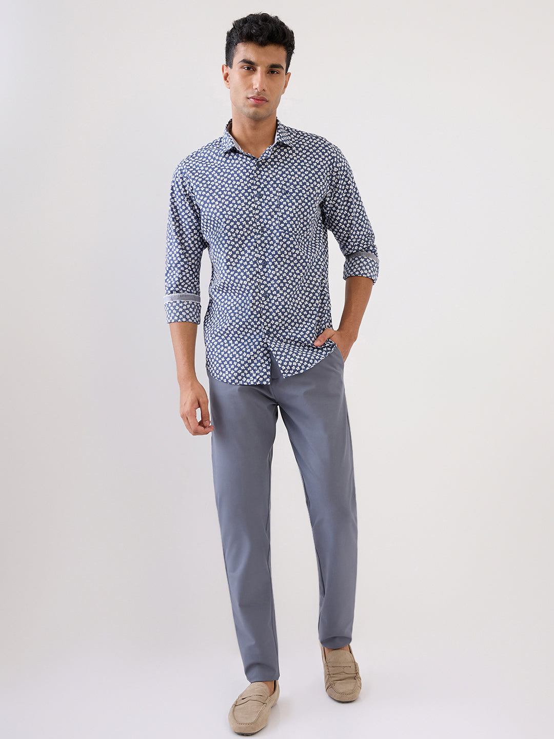 Raymond Men Blue Printed Regular Fit Linen Blend Full Sleeve Casual Shirt