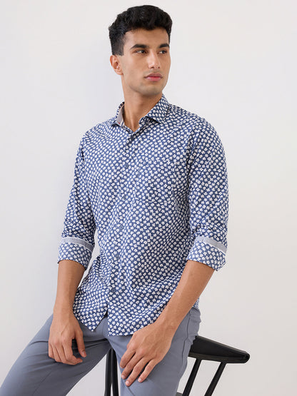 Raymond Men Blue Printed Regular Fit Linen Blend Full Sleeve Casual Shirt