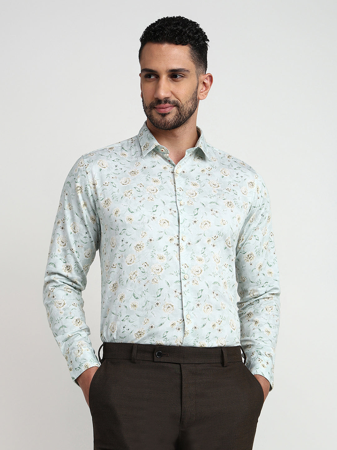 Raymond Men Green Solid Slim Fit Cotton Casual Shirt