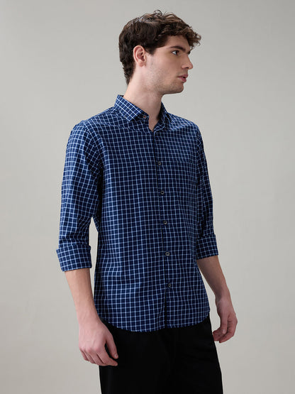 Raymond Men Blue Checks Slim Fit Cotton Full Sleeve Casual Shirt