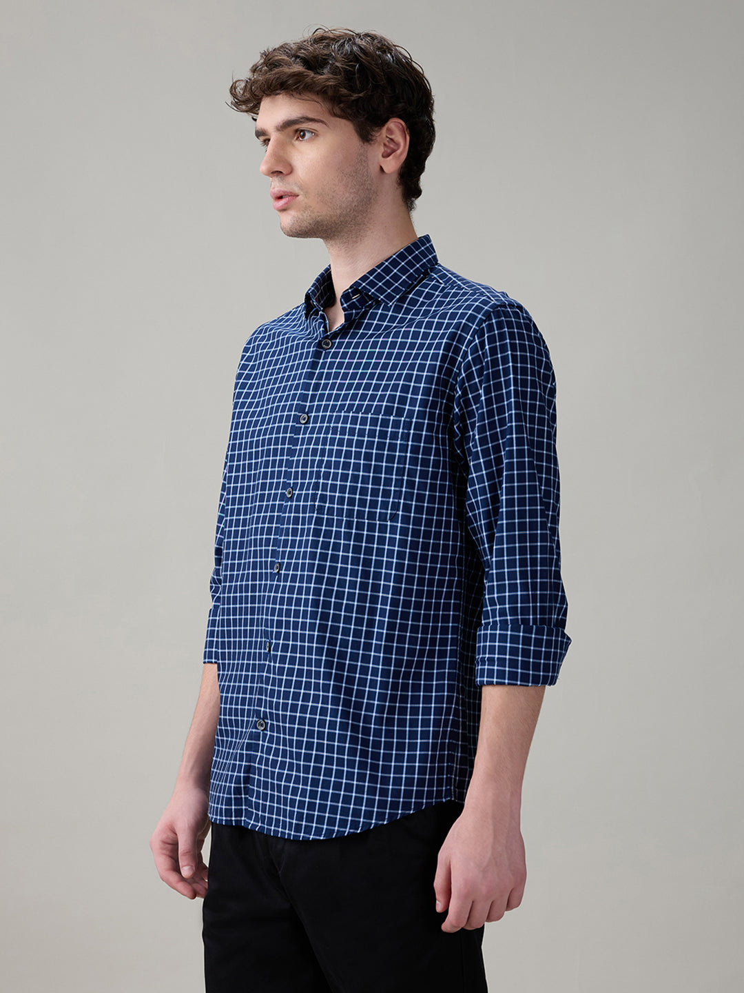 Raymond Men Blue Checks Slim Fit Cotton Full Sleeve Casual Shirt