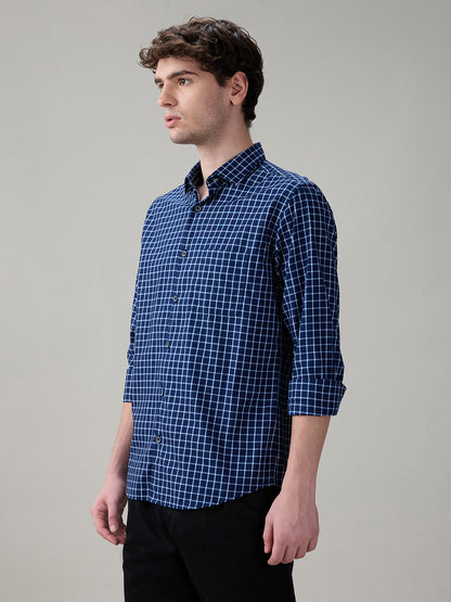 Raymond Men Blue Checks Slim Fit Cotton Full Sleeve Casual Shirt
