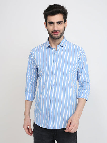Raymond Men Blue Stripe Slim Fit Cotton Full Sleeve Cut Away Collar Casual Shirt
