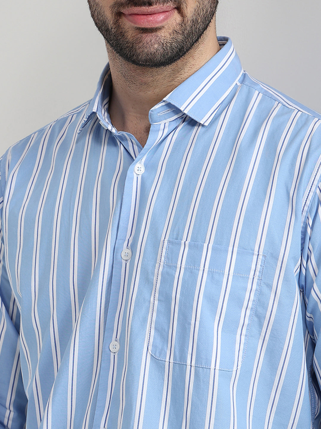 Raymond Men Blue Stripe Slim Fit Cotton Full Sleeve Cut Away Collar Casual Shirt