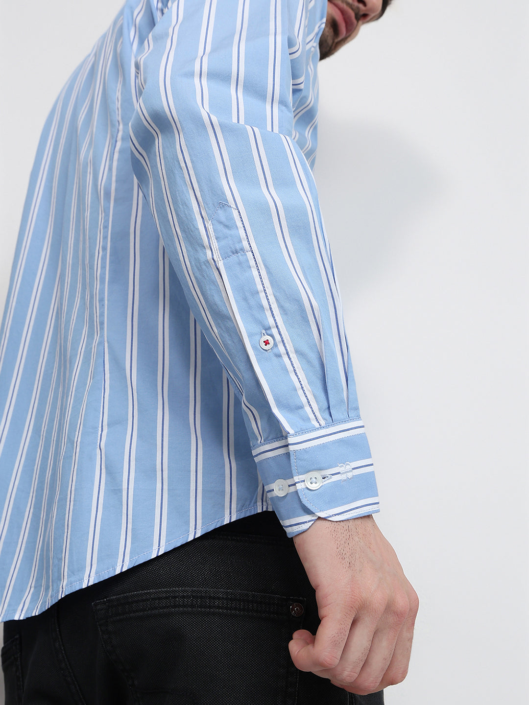 Raymond Men Blue Stripe Slim Fit Cotton Full Sleeve Cut Away Collar Casual Shirt