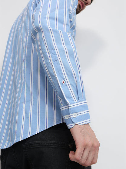 Raymond Men Blue Stripe Slim Fit Cotton Full Sleeve Cut Away Collar Casual Shirt