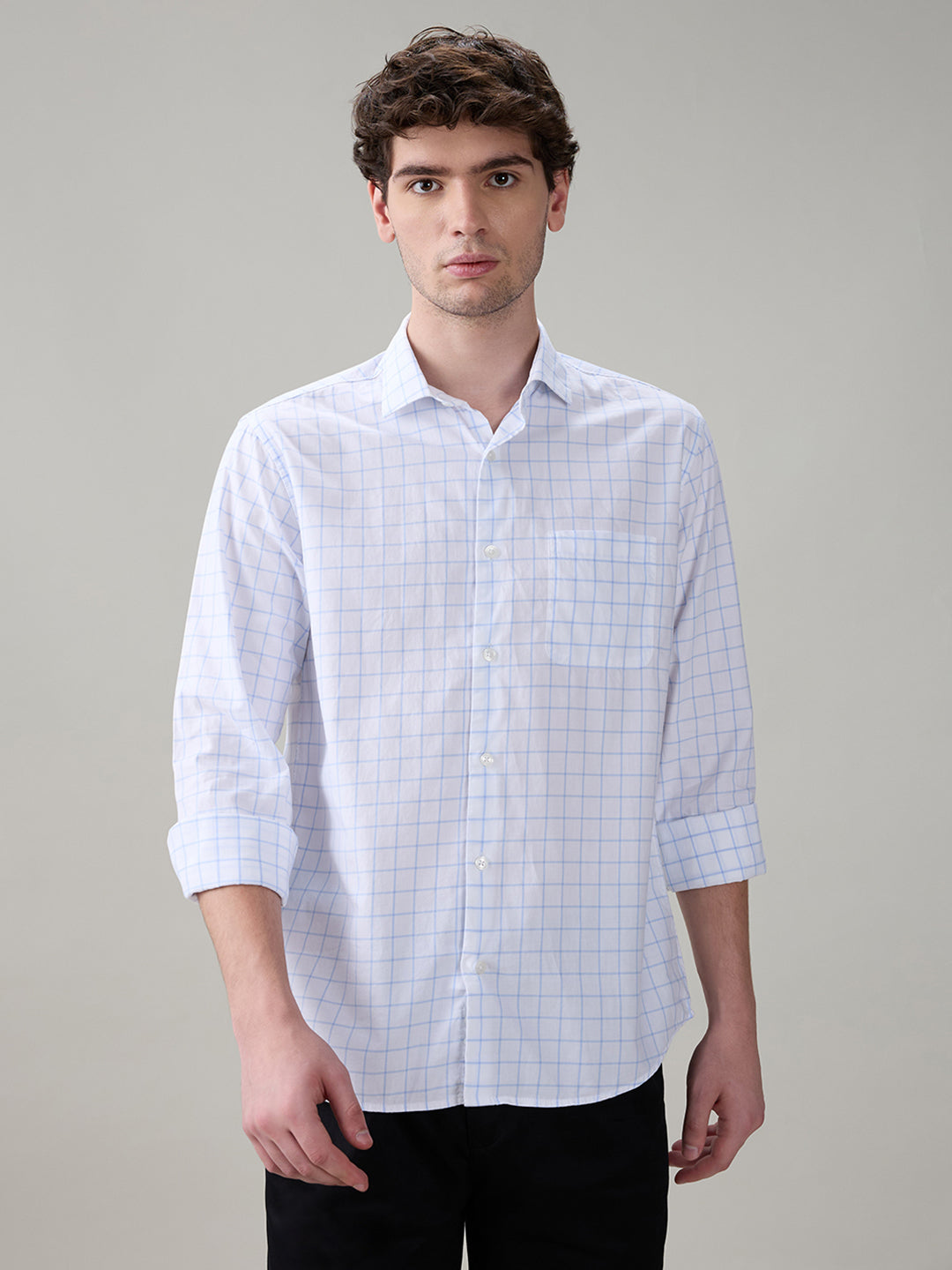 Raymond Men Blue Checks Slim Fit Cotton Full Sleeve Casual Shirt