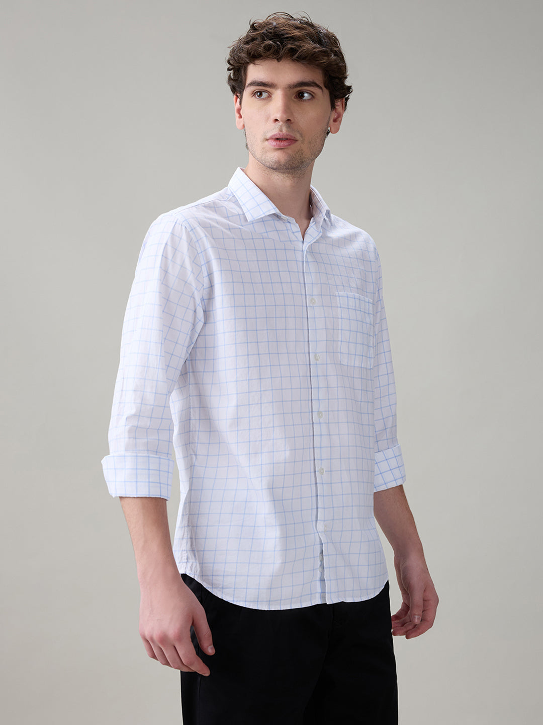 Raymond Men Blue Checks Slim Fit Cotton Full Sleeve Casual Shirt