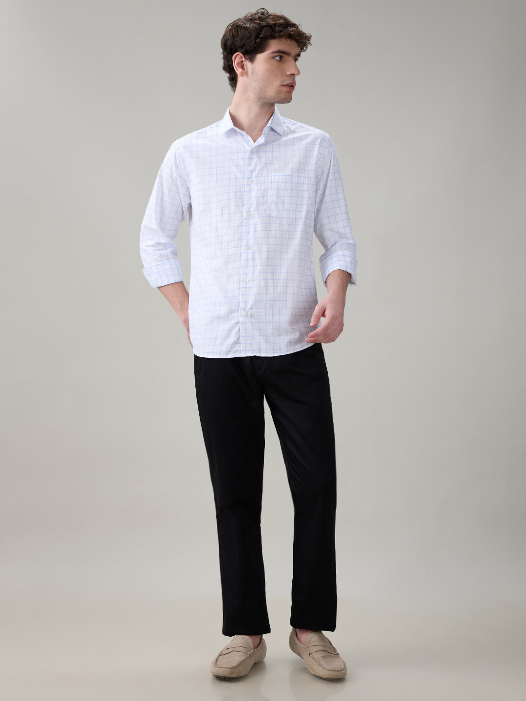 Raymond Men Blue Checks Slim Fit Cotton Full Sleeve Casual Shirt