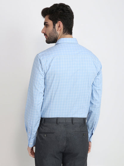 Raymond Men Blue Checks Slim Fit Cotton Full Sleeve Cut Away Collar Casual Shirt