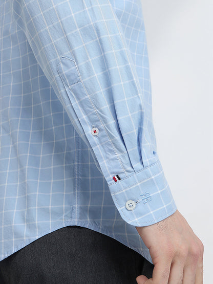 Raymond Men Blue Checks Slim Fit Cotton Full Sleeve Cut Away Collar Casual Shirt