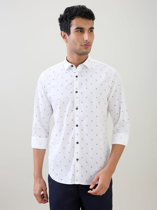 Raymond Men White Printed Slim Fit Cotton Full Sleeve Cut Away Collar Casual Shirt