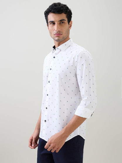 Raymond Men White Printed Slim Fit Cotton Full Sleeve Cut Away Collar Casual Shirt