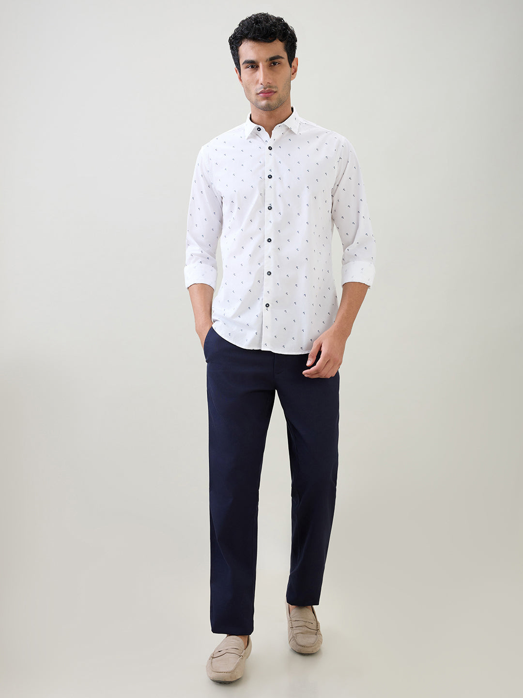 Raymond Men White Printed Slim Fit Cotton Full Sleeve Cut Away Collar Casual Shirt