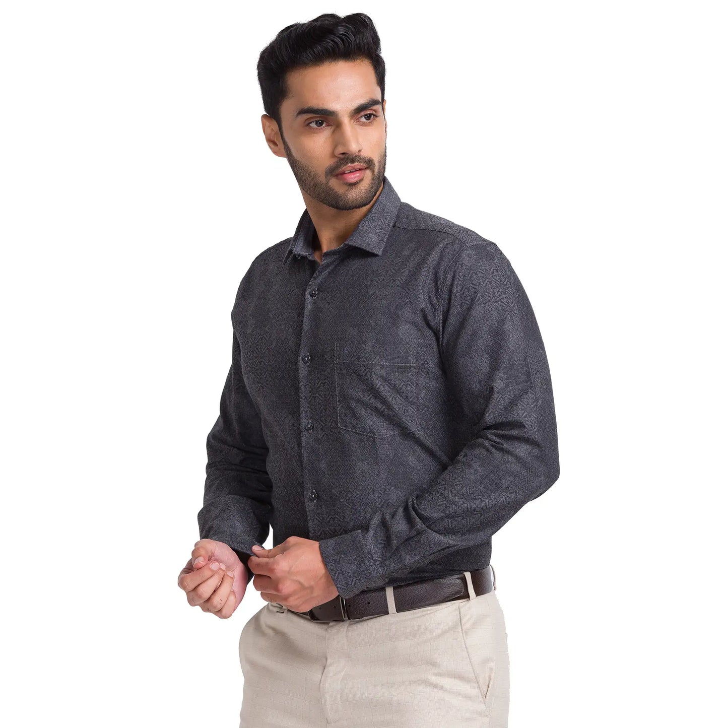 Men Grey Contemporary Fit Jacquard Cotton Shirts