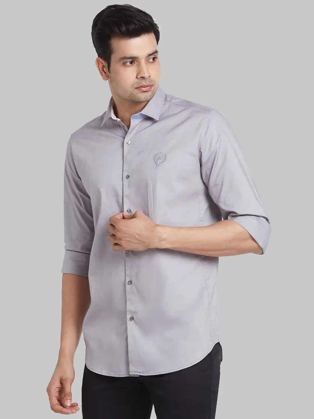 Men Grey Regualr Solid  Cotton  Regular Collar Shirts