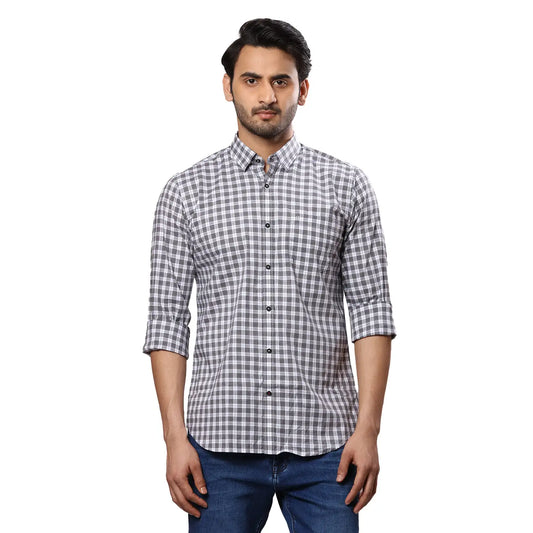 Men Grey Contemporary Fit Checks Cotton Regular Collar Shirts