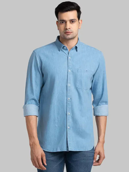 Men Blue Contemporary Fit Solid Cotton Shirts