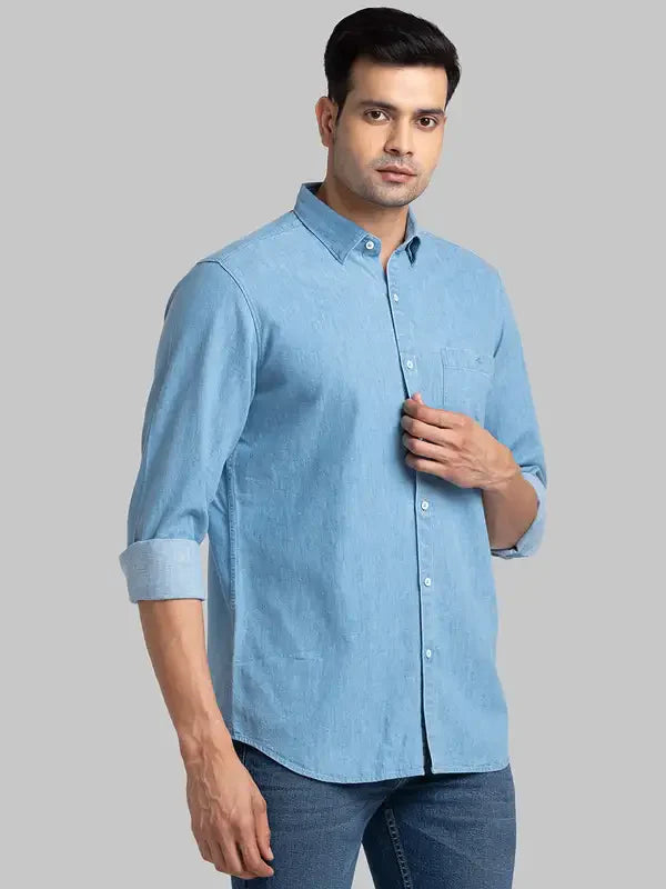 Men Blue Contemporary Fit Solid Cotton Shirts