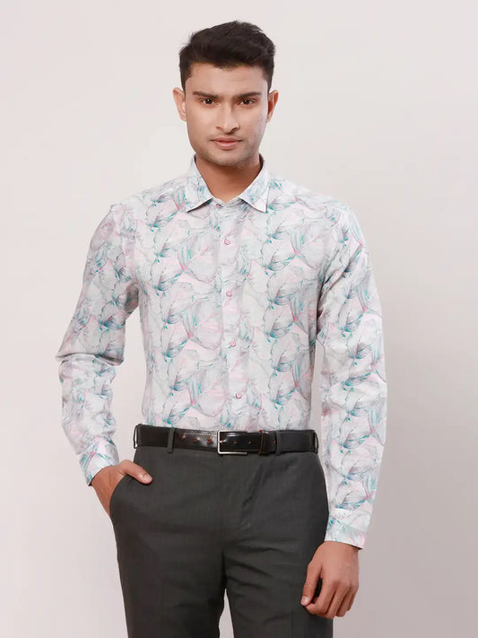 Raymond Men Blue Print Regular Fit Cotton Blend Regular Collar Shirt