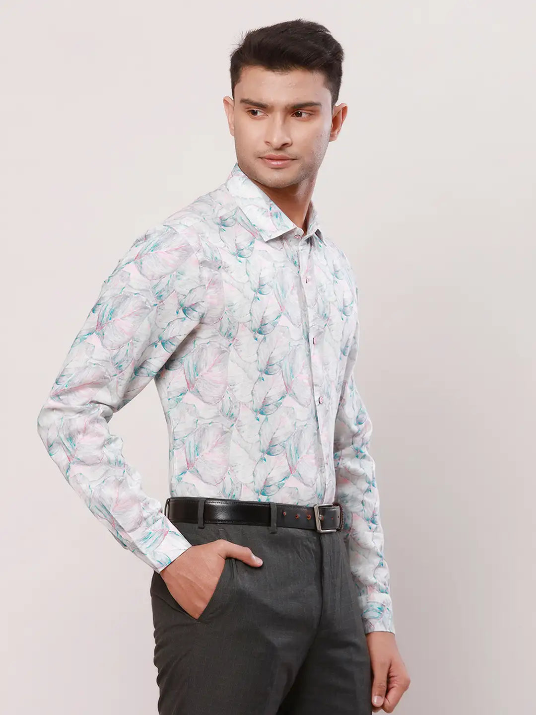 Raymond Men Blue Print Regular Fit Cotton Blend Regular Collar Shirt