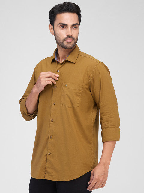 Raymond Men Khaki Solid Contemporary Fit Cotton Blend Casual Shirts