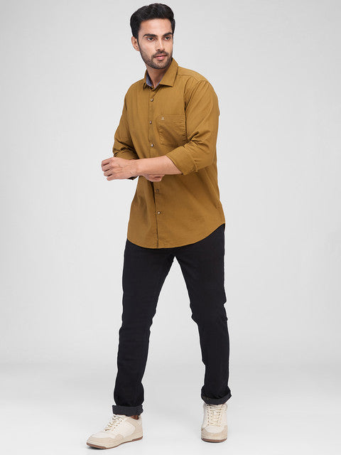 Raymond Men Khaki Solid Contemporary Fit Cotton Blend Casual Shirts