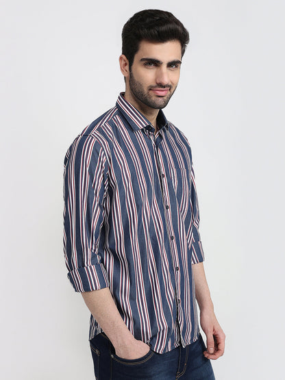 Raymond Men Blue Stripe Regular Fit Cotton Full Sleeve Casual Shirt