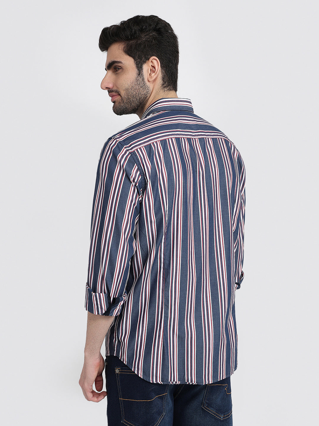 Raymond Men Blue Stripe Regular Fit Cotton Full Sleeve Casual Shirt