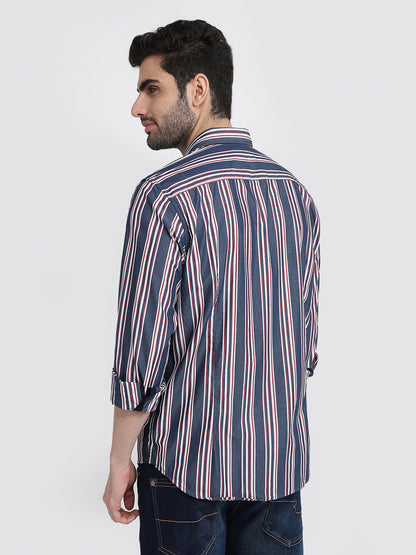 Raymond Men Blue Stripe Regular Fit Cotton Full Sleeve Casual Shirt