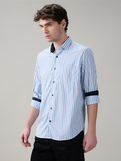 Raymond Men Blue Stripe Regular Fit Cotton Full Sleeve Casual Shirt