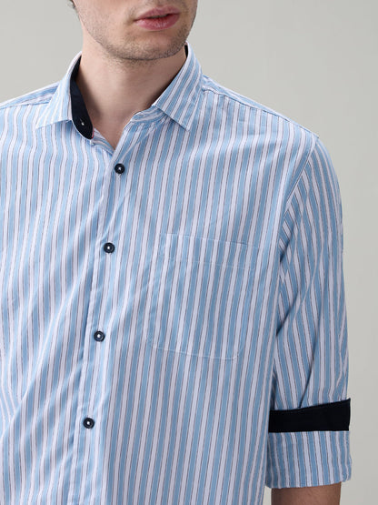 Raymond Men Blue Stripe Regular Fit Cotton Full Sleeve Casual Shirt