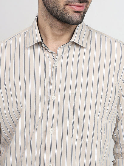 Raymond Men Brown Stripe Regular Fit Cotton Full Sleeve Regular Collar Casual Shirt