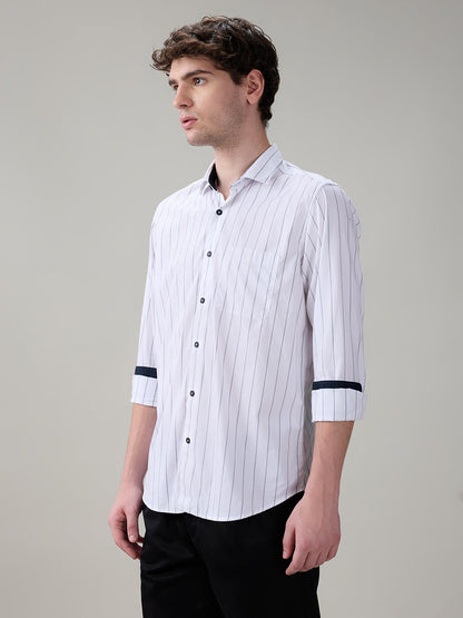 Raymond Men White Stripe Regular Fit Cotton Full Sleeve Casual Shirt