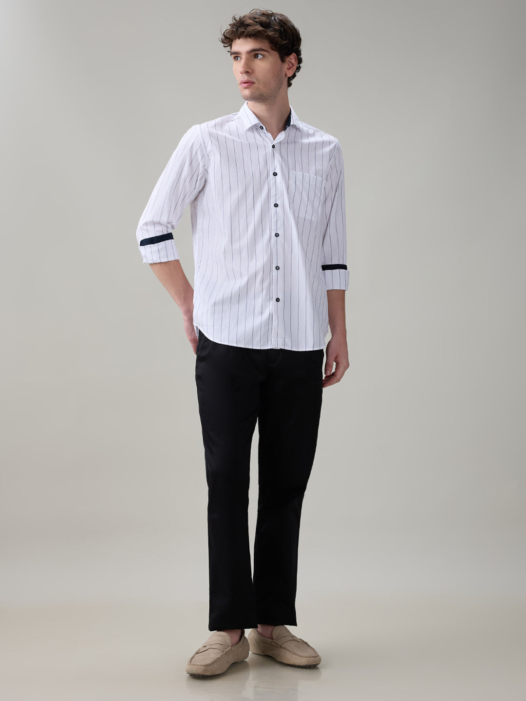 Raymond Men White Stripe Regular Fit Cotton Full Sleeve Casual Shirt