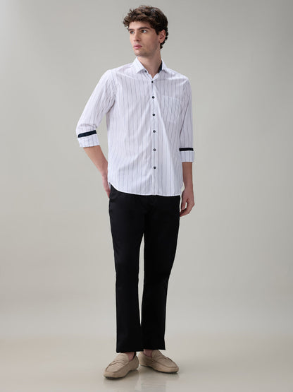 Raymond Men White Stripe Regular Fit Cotton Full Sleeve Casual Shirt