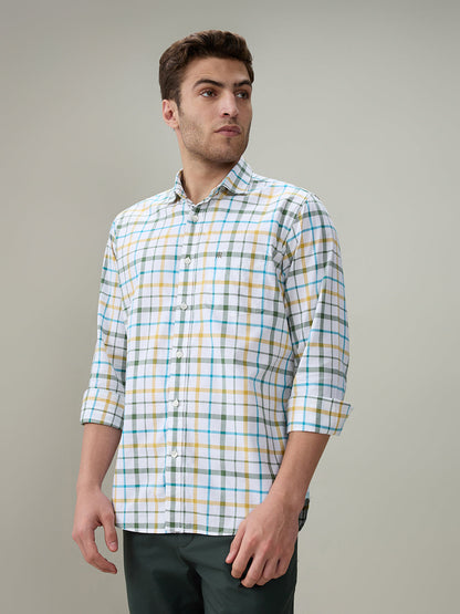 Raymond Men Green Checks Regular Fit Cotton Full Sleeve Casual Shirt