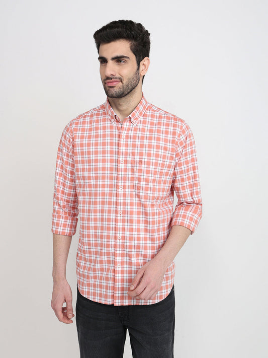 Raymond Men Orange Checks Regular Fit Cotton Full Sleeve Casual Shirt